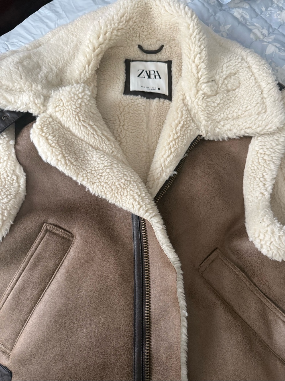 ZARA Brown Suede-Look Aviator Jacket with Cream Shearling